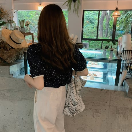 ドット柄 ブラウス パフ袖 半袖 薄手 韓国ファッション レディース 水玉 トップス 大人可愛い ガーリー フェミニン DTC-645578892500