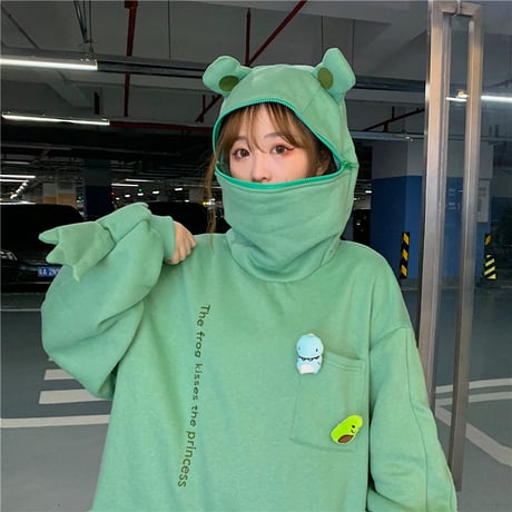 カエル パーカー プルオーバー フード ジップアップ ルーズ 韓国ファッション レディース ゆったり 防寒 カジュアル ストリートファッション DTC-627599529531