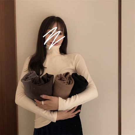 スリムフィット ハイネック カットソー 裏起毛 韓国ファッション レディース タートルネック タイト 長袖 Tシャツ 無地 レトロ (DTC-609008831719)