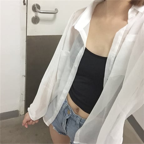 シースルー シャツ シフォン 肌見せ 長袖 透け感 ルーズ 韓国ファッション レディース トップス ブラウス 薄手 大人可愛い ガーリー DTC-595361157647