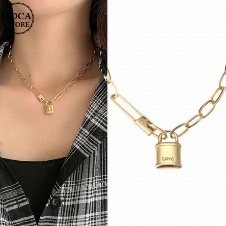 ネックレス 南京錠 安全ピン Love チョーカー 金属アレルギー対応 ペンダント アクセサリー チタンスチール316L K14メッキ シンプル ジュエリー DTC-645262984111