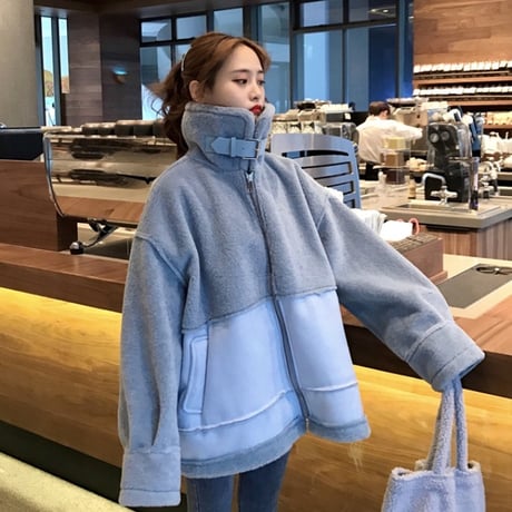 ボアブルゾン ジップアップ 韓国 ファッション レディース ボアジャケット もこもこ ボア ベルト ドロップショルダー オーバーサイズ (DTC-606104703290)