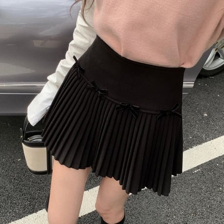 プリーツスカート リボン ミニスカート ハイウエスト Aライン スカート 脚長 レトロ 大人可愛い ガーリー 韓国ファッション レディース カジュアル フェミニン DTCA-837145949061
