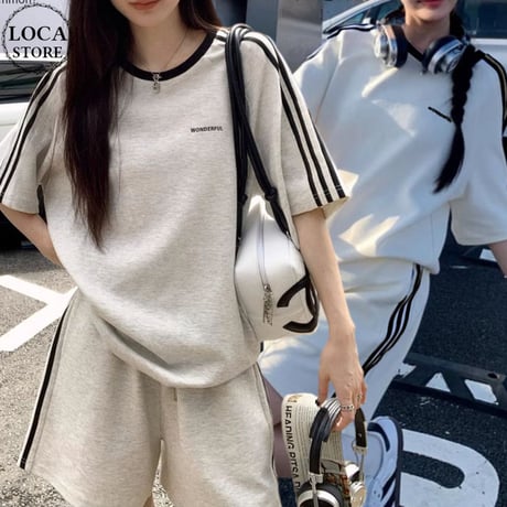 セットアップ 2点セット サイドライン tシャツ ショートパンツ ロゴ オーバーサイズ クルーネック 無地 ルームウェア ルーズ レトロ カジュアル DTCA-820351715781