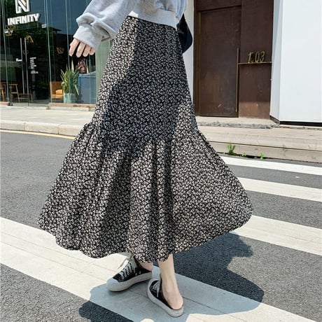 花柄 スカート 裏起毛 裏地あり フレア 韓国ファッション レディース フローラル Aラインスカート ロング丈 シフォン ハイウエスト 大人可愛い ガーリー DTC-628495280732