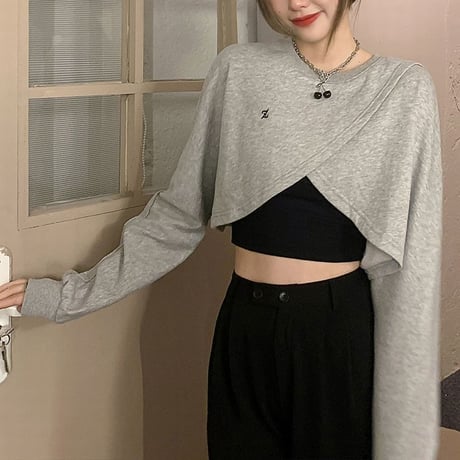 不規則 クロス トップス シンプル ルーズ 薄手 ショート丈 レトロ トレーナー 韓国ファッション レディース 大人可愛い ガーリー DTC-651057262550