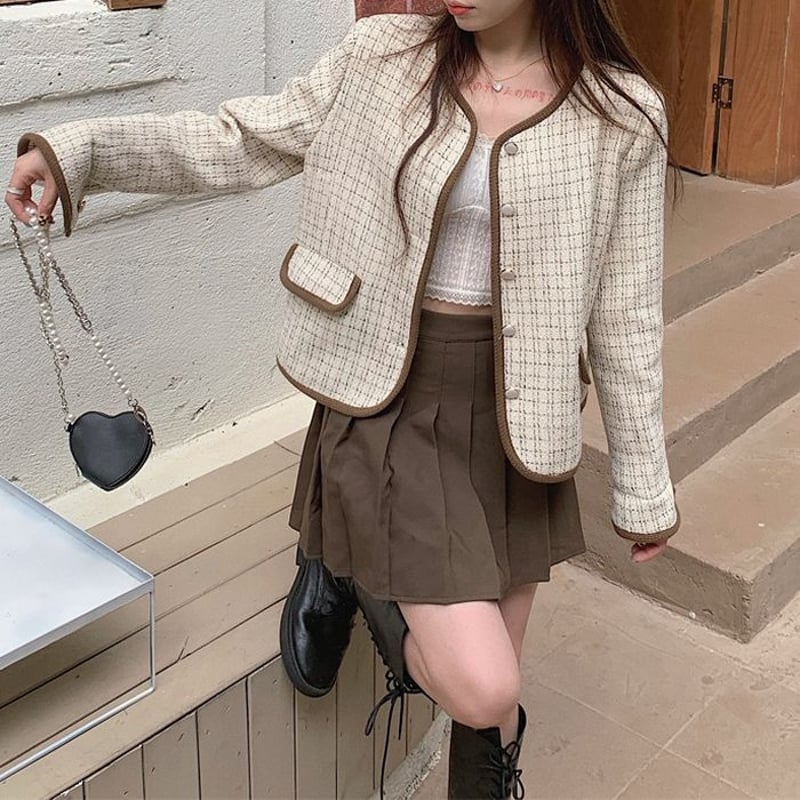 チェック柄 ショートジャケット ノーカラー 襟なし シングルブレスト