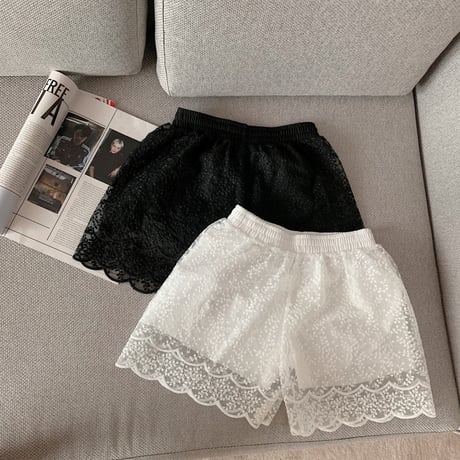 カットワークレース ショートパンツ 薄手 韓国ファッション レディース ハイウエスト ショート丈 シンプル ガーリー