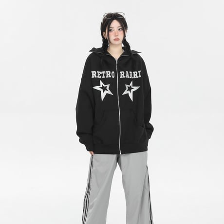 ジップアップ パーカー スター 星 ハイネック トップス フード付き スウェット オーバーサイズ ルーズ 長袖 大人可愛い ガーリー カジュアル DTCA-753187140311
