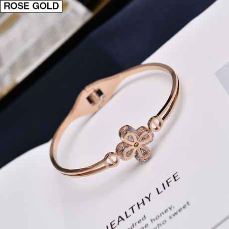 バングル 四葉のクローバー ジルコン 金属アレルギー対応 ブレスレット シンプル チタン K14メッキ アクセサリー イエローゴールド ローズゴールド DTC-569277149296