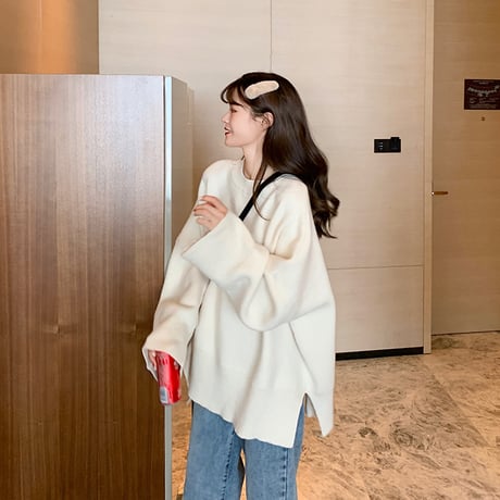 【選べる5カラー】セーター ボリューム袖 韓国ファッション レディース ニット ウール ラウンドネック シンプル ガーリー カジュアル (DTC-606691751341_02)