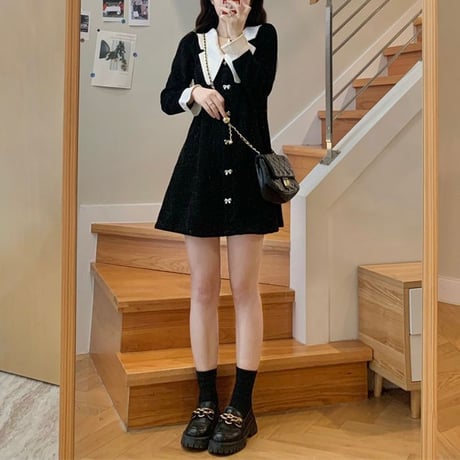 襟付きワンピース リボン ビジュー 大きい襟 ハイウエスト 長袖 Aライン レトロ ワンピース 韓国ファッション レディース 大人可愛い ガーリー フェミニン DTC-662241012829