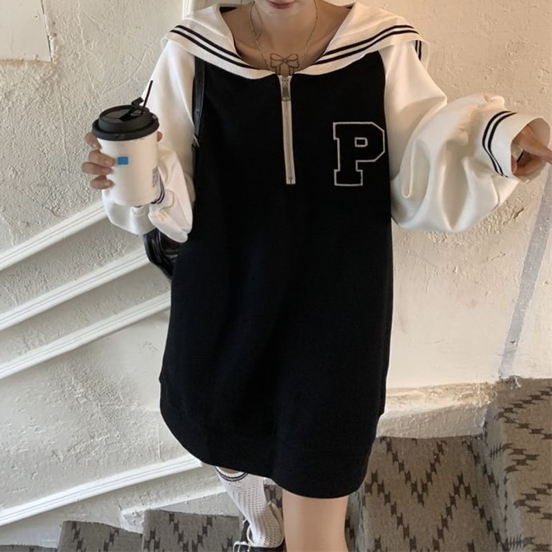 ワンピース セーラー襟 Pワッペン ハーフジップ ルーズウエスト ワンピース セーラー襟 Pワッペン ハーフジップ ルーズウエスト