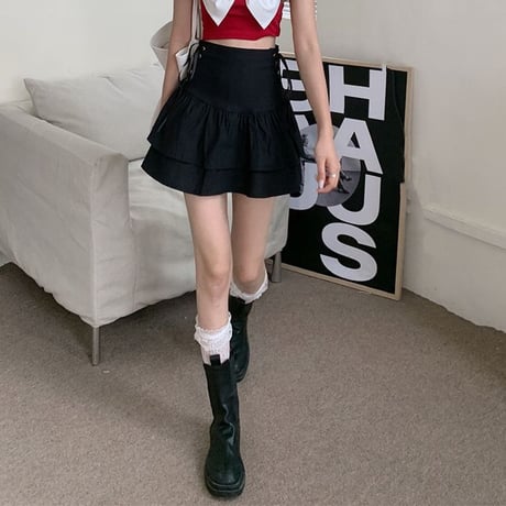 ティアードスカート ミニスカート サイドレースアップ 編み上げ ラッフルフリル ハイウエスト ゆったり 韓国ファッション レディース 大人可愛い ガーリー ゴシック DTC-666437390593