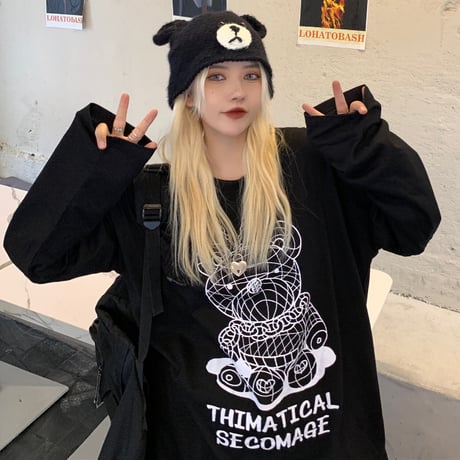 ユニセックス Tシャツ 長袖 ラインベアープリント クマちゃん ラウンドネック オーバーサイズ トップス 大きめ カジュアル ストリートファッション DTC-653486439224