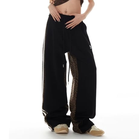スウェットパンツ 無地 レオパード柄 ヒョウ柄 サイドライン トラックパンツ 切替え ワイドパンツ ウエストゴム ハイウエスト ゆったり レトロ カジュアル DTCA-833856270623