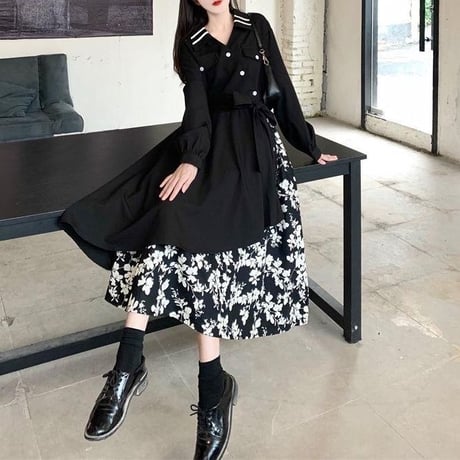 トレンチコート風 ワンピース フェイクレイヤード 花柄 襟付き Vネック Aライン ウエストマーク ロングワンピース ハイウエスト ロング丈 大人可愛い ガーリー DTCA-683349478548