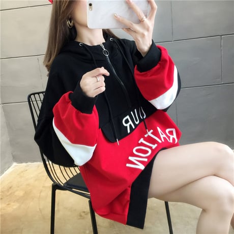 プルオーバー パーカー バイカラー ハーフジップ 韓国ファッション レディース トップス ルーズ カジュアル ストリート系 大人可愛い ガーリー DTC-601854465577