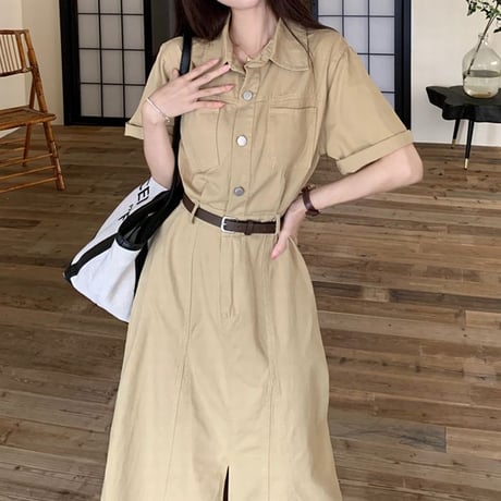 シャツワンピース ベルト付き タッセル スリット ウエストマーク 半袖 ハイウエスト ワンピース レトロ 韓国ファッション レディース 大人可愛い ガーリー DTC-719014711185