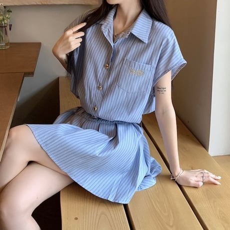 ストライプ柄 シャツワンピース 半袖 プリーツ ショート丈 ミニワンピース Aライン ワンピース レトロ 大人可愛い ガーリー 韓国ファッション レディース DTC-793096900642