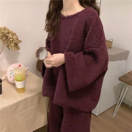 ルームウェア 4カラー  パジャマ セットアップ ラムウール トップス + パンツ 長袖 上下セット 韓国ファッション レディース 厚手 ガーリー 627726861742