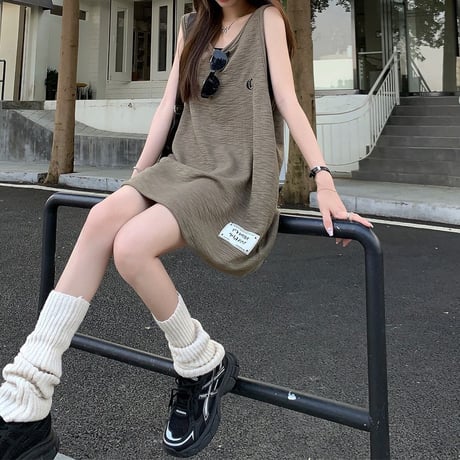 タンクトップ オーバーサイズ タンクワンピース ノースリーブ トップス ロゴ ゆったり レトロ 韓国ファッション レディース 大人可愛い ガーリー カジュアル DTC-803416289673