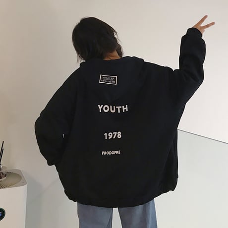 ジップアップ パーカー スウェット 韓国ファッション レディース バックプリント 英字 オーバーサイズ 秋 冬 大人カジュアル (DTC-561821959124)