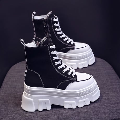 厚底 キャンバススニーカー ハイカット 22.5～24.5cm シューレース サイドファスナー ブラック ベーシック カジュアル 大人可愛い ガーリー DTC-650901386927