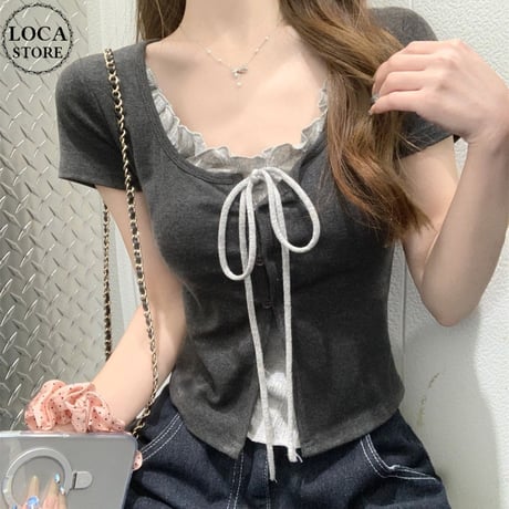 フェイクレイヤード Tシャツ レースアップ フリル リボン Uネック スリムフィット ショート丈 半袖 フェイクツーピース レトロ 大人可愛い ガーリー DTCA-911224397960