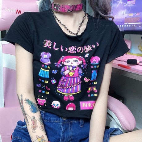 【2カラー】 Tシャツ 半袖 日本語 ユニーク クロップド丈 ショート丈 へそ出し 韓国ファッション レディース 大人可愛い ガーリー カジュアル DTC-640505473257