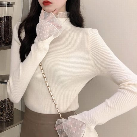 ニットセーター リブニット スリムフィット レース スリムニット 長袖 レトロ 大人可愛い ガーリー カジュアル フェミニン DTC-657732068760