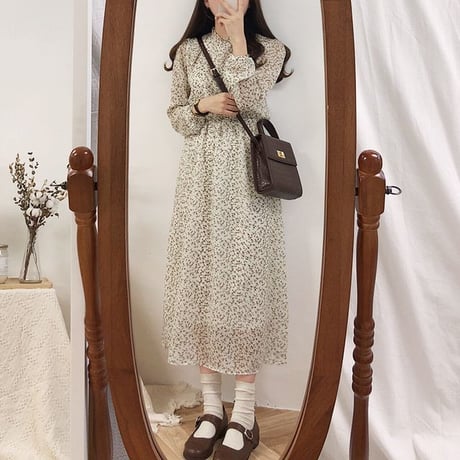 レディース Vネック 花柄 シフォン ロングワンピース レトロ 長袖 花柄 フェミニン 韓国ファッション オルチャン (DCT-585296164758)