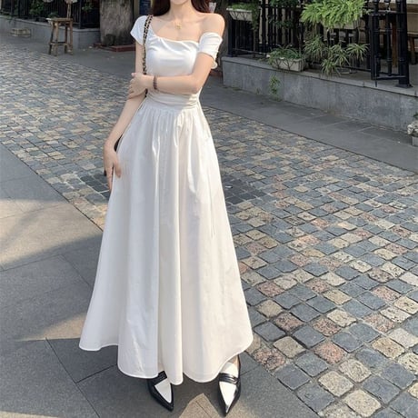 ワンピース サイドリボン フレア プリーツ Aライン ハイウエスト ノースリーブ ロングワンピース スリム レトロ 大人可愛い ガーリー DTCA-709334685571