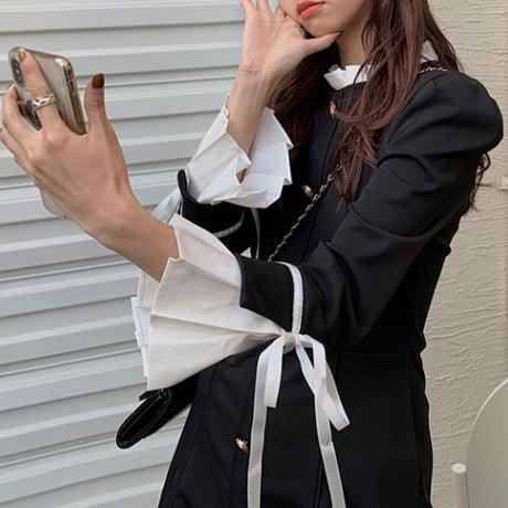 ワンピース フリル バイカラー ボタン ハイウエスト 長袖 韓国ファッション レディース 大人可愛い ガーリー フェミニン DTC-633361821578