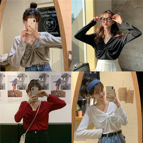 【トップス】 4カラー 長袖 ルーズ 韓国ファッション レディース Tシャツ Vネック 大人可愛い かわいい ガーリー 613845488299