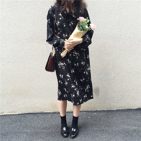 レディース リボン 花柄ワンピース ロング丈 ボウタイ フェミニン 韓国ファッション オルチャン (DCT-575431180054)