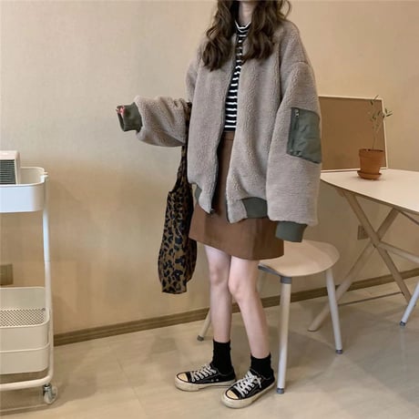 リバーシブル 2way ボアブルゾン MA-1 オーバーサイズ 韓国ファッション レディース アウター ブルゾン ドロップショルダー ストリート ボア 秋 冬 (DTC-600883761203)