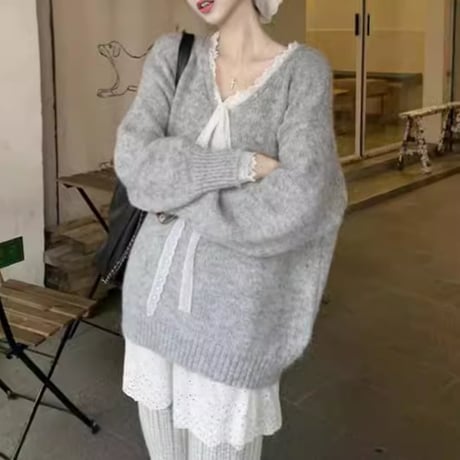 ニット レース リボン Vネック プルオーバー セーター トップス ルーズ フェイクツーピース 長袖 レトロ 大人可愛い ガーリー フェミニン カジュアル DTCA-849338174416