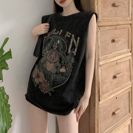 ヴィンテージ風 ノースリーブ ウォッシュ加工 タンクトップ tシャツ トップス オーバーサイズ ルーズ レトロ 大人可愛い ガーリー カジュアル ストリート女子 DTCA-795945053217