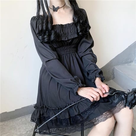 ティアードワンピース フリル スクエアネック Aライン ハイウエスト プリーツ フレア レース ミニワンピース 長袖 レトロ ガーリー ゴシック ロリータ DTCA-652425232365
