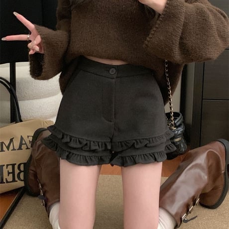 フリル ショートパンツ フェイクウール ハイウエスト スリム Aライン ショートボトム 秋 冬 レトロ 韓国ファッション レディース 大人可愛い ガーリー DTCA-873635337938