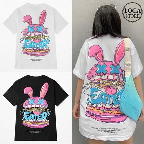 ユニセックス Tシャツ 半袖 メンズ レディース ラウンドネック EATER ラビット うさぎ バックプリント オーバーサイズ 大きいサイズ ルーズ ストリート TBN-622752800808