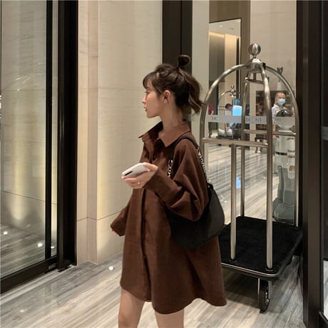 シャツワンピース ベルト シャツ 長袖 韓国ファッション レディース トップス ゆったり 大人可愛い ガーリー フェミニン カジュアル DTC-627127092317