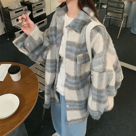 チェック柄ジャケット フェイクウール アウター オーバーサイズ ウールジャケット 起毛 レトロ 韓国ファッション レディース 大人可愛い ガーリー カジュアル DTC-741927455007