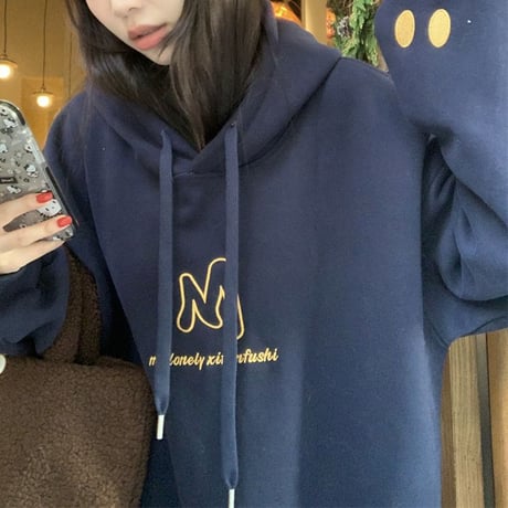 プルオーバー パーカー ネイビー オーバーサイズ 裏起毛 トップス 秋 冬 長袖 ルーズ レトロ 韓国ファッション レディース 大人可愛い ガーリー カジュアル DTC-756523311074_n