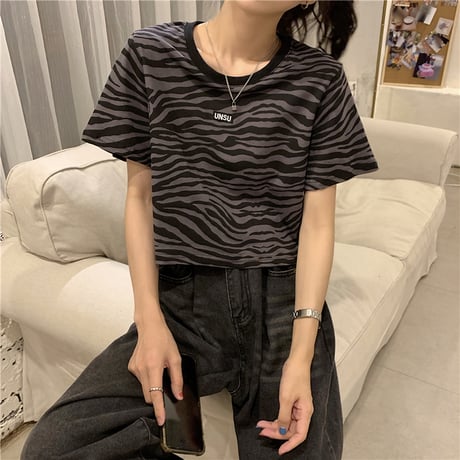ゼブラ柄 クロップド丈 Tシャツ へそ出し 半袖 ラウンドネック 韓国ファッション レディース ショート丈 トップス カットソー 夏 大人可愛い ガーリー DTC-644312871522