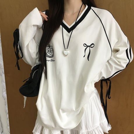 ユニフォーム風 トップス サイドライン リボン プルオーバー ロンT tシャツ Vネック オーバーサイズ ルーズ 長袖 レトロ 大人可愛い ガーリー カジュアル DTCA-839618355803