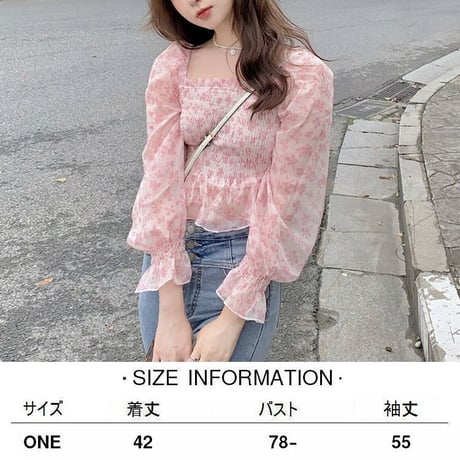 花柄 ブラウス スクエアネック シフォン ショート丈 クロップド丈 長袖 レトロ 韓国ファッション レディース 大人可愛い ガーリー フェミニン DTC-647008670008