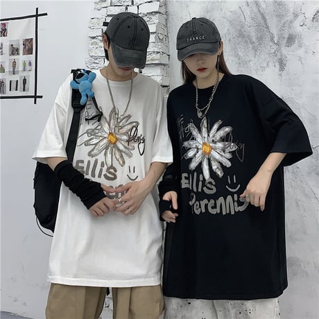 ユニセックス Tシャツ 半袖 メンズ レディース 落書き風 英字 花 フラワー プリント オーバーサイズ 大きいサイズ ルーズ ストリート DTC-615255947278