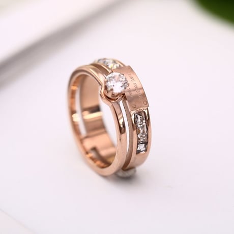 リング 指輪 金属アレルギー対応 2連リング CZ ローズゴールド アクセサリー シンプル チタンスチール316L DTC-571214294981
